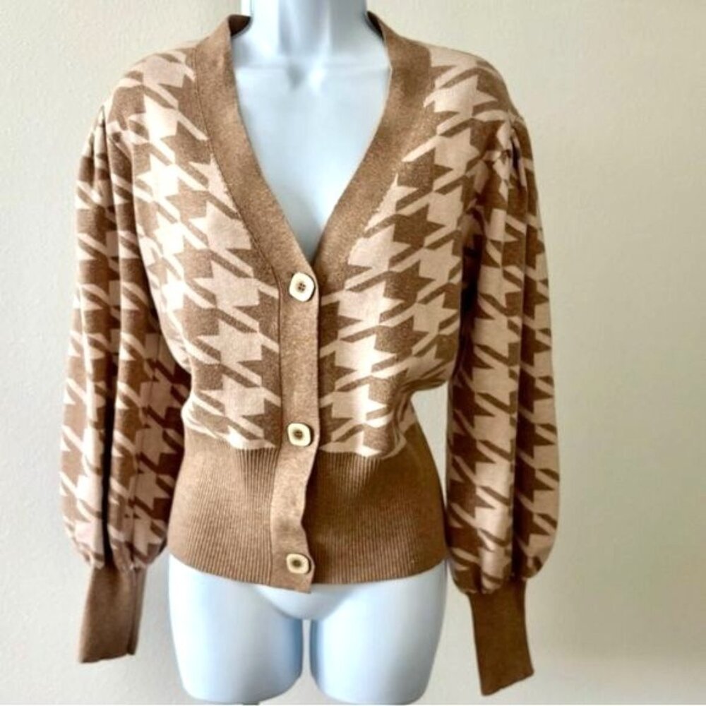 Joie Cardigan Large Tan V Neck Houndstooth Puff Sleeve Old Money Preppy Academia - Picture 3 of 11